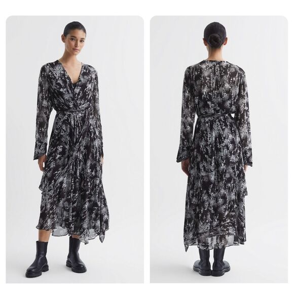 NWT REISS CALLIE BELTED RUFFLE PRINTED MIDI DRESS IN BLACK SIZE US 8 $475 - Picture 1 of 11